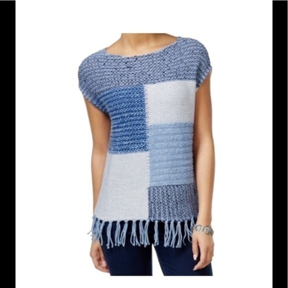 AMERICAN LIVING Vintage blue patchwork fringe trim sleeveless sweater blouse-XS
